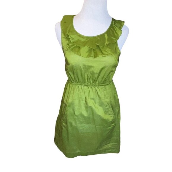 Anthropologie Edme Esylite Green Shift Mini Dress Women‎ Size 4 Ruffled Neckline - Picture 1 of 10